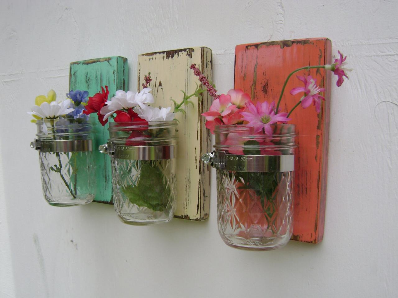 Wall Sconce Shabby Chic Rustic Wooden Vases Mason Jar Wood ...